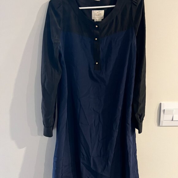 Kate Spade 100% Silk Colorblock Black Blue Popover Shift Career Dress size 8 - Picture 11 of 14